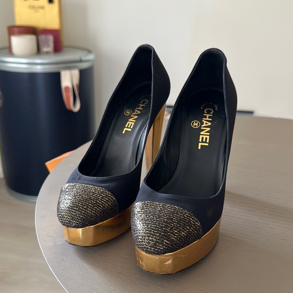 Vintage Chanel gold platform heels